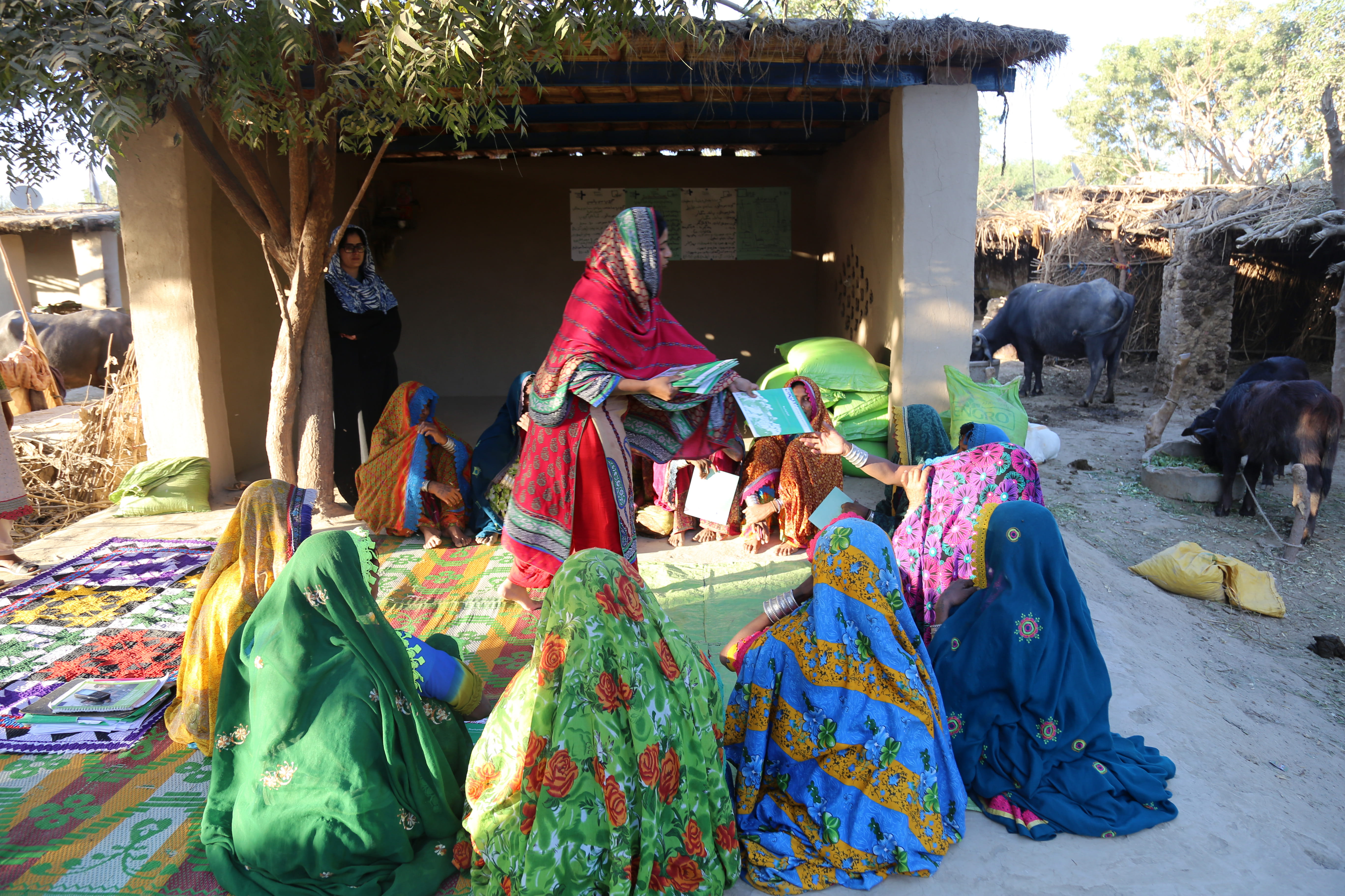 Eine Frauen-Selbsthilfegruppe in Pakistan sitzt auf dem Boden und spricht über gemeinsames Sparen. (Quelle: Kindernothilfe-Partner)